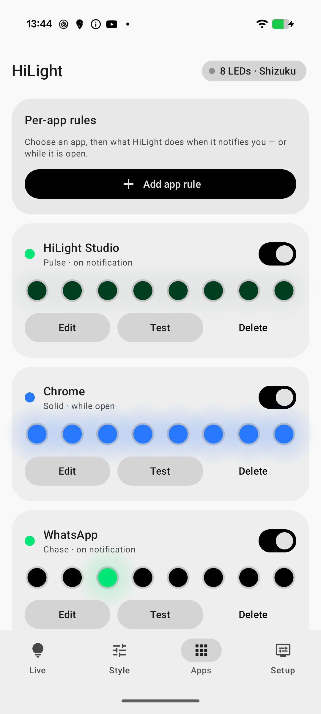 Apps screen with foreground and notification lighting rules