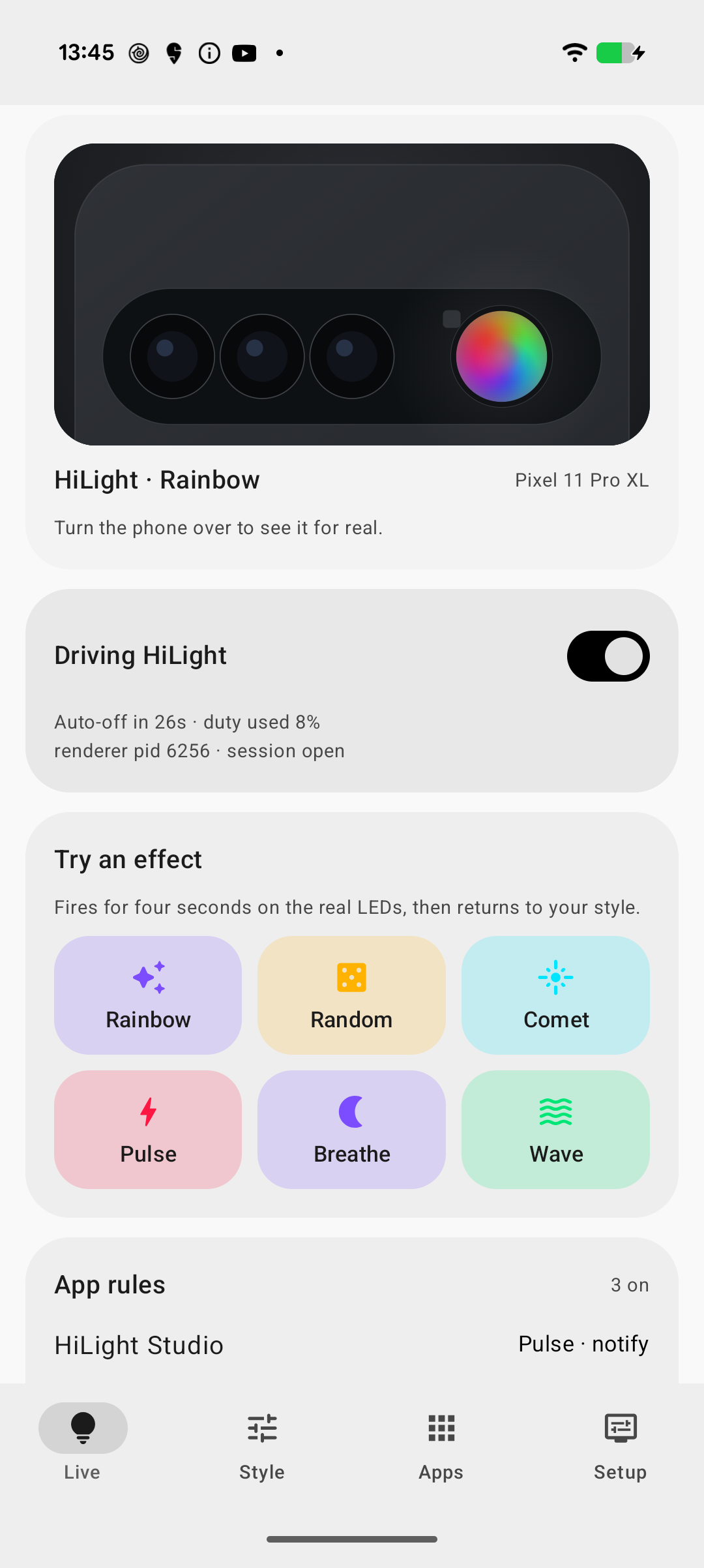 Highlight Studio Live screen showing an eight-segment LED preview and control status