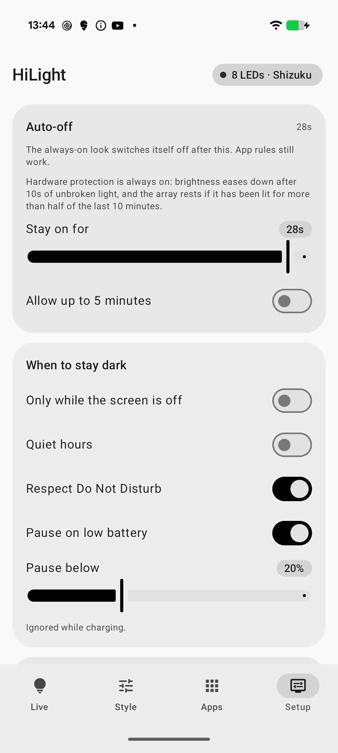Setup screen showing privileged access and safety controls
