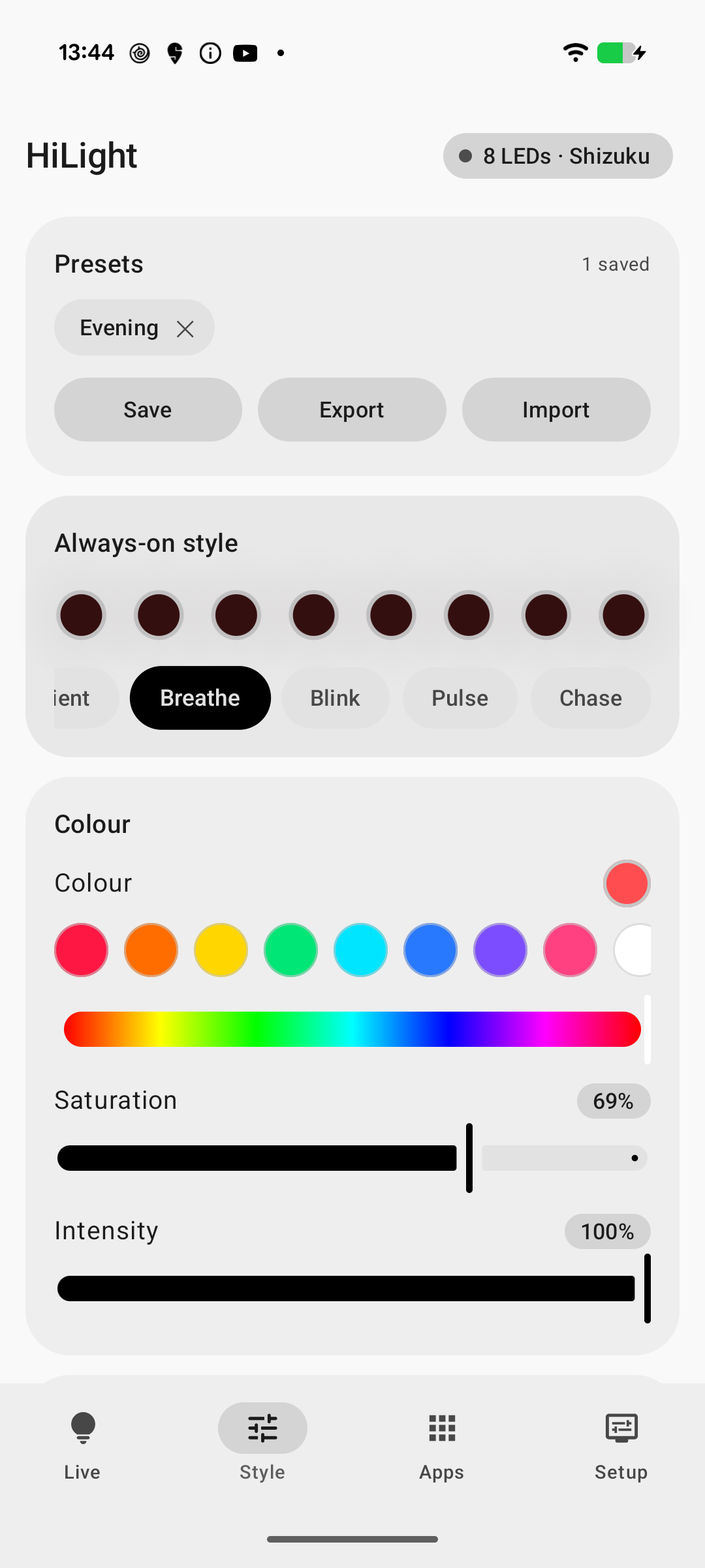 Style screen with saved presets, pattern selection, and colour controls